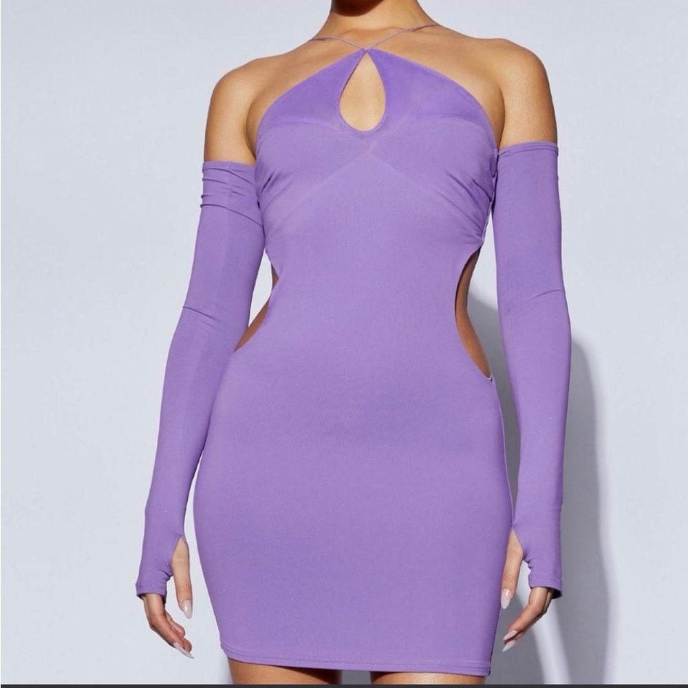 Meshki Lavender Cutout Halter Bodycon Dress w/ gloves